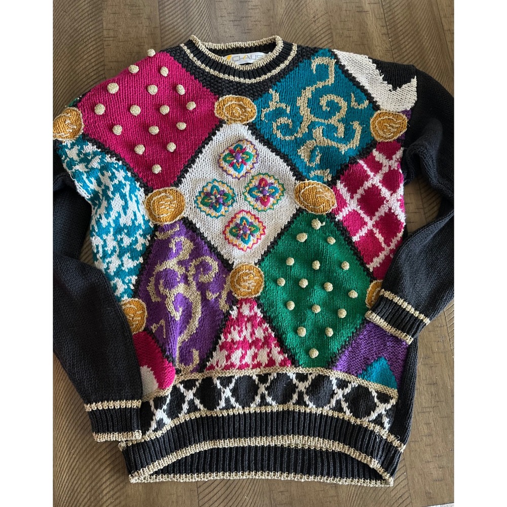 Vintage 80s 90s CHAUS Patchwork‎ Chunky Knit Sweater Metallic Gold Bobble M